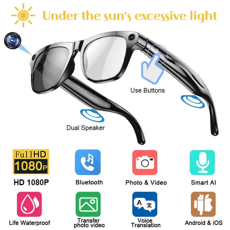 Black smart glasses with dual speakers, camera, control button, and icons for Bluetooth, AI, translation, and waterproof features