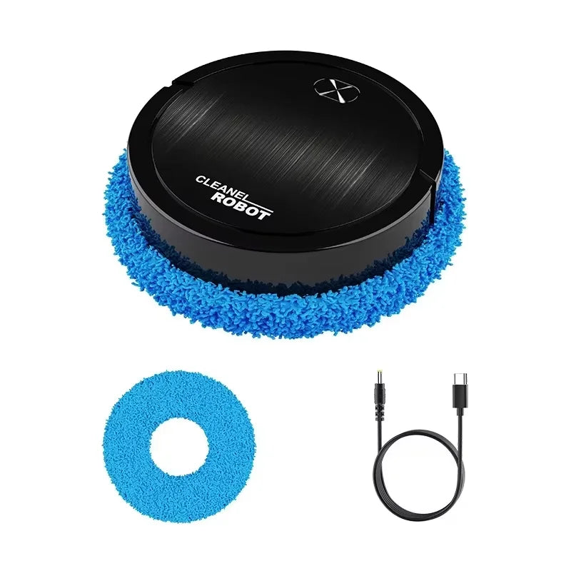 Black circular automatic robot vacuum with blue microfiber cleaning pad and USB charging cable on white background