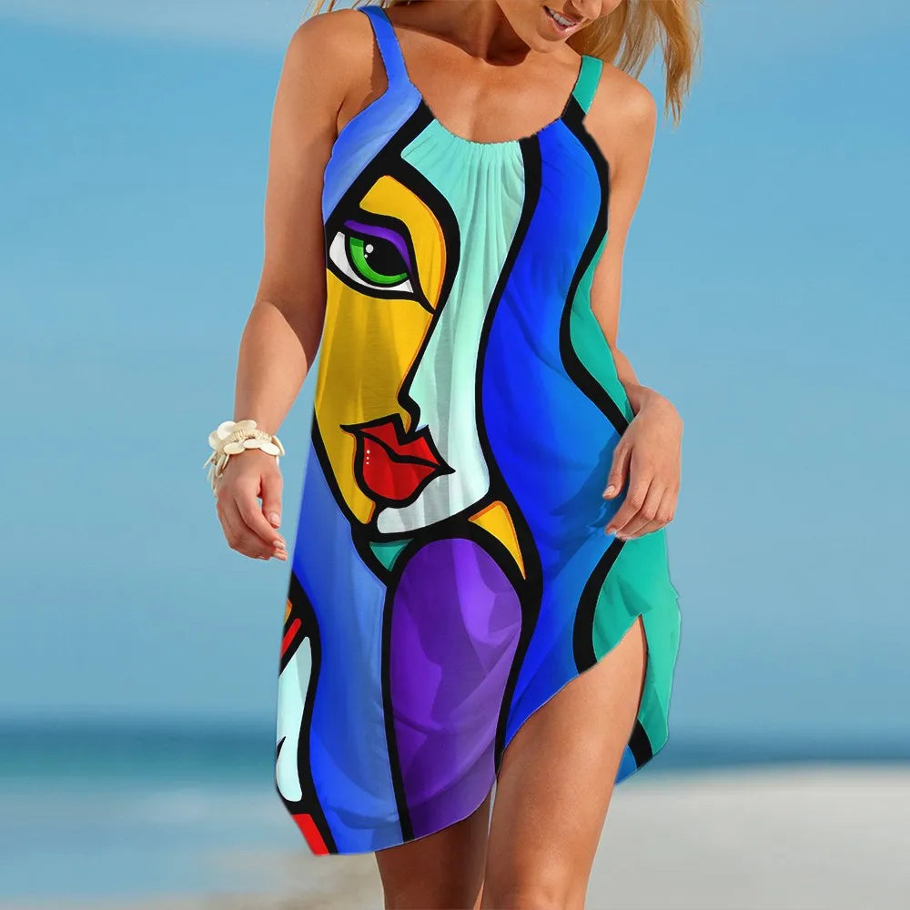 Woman wearing a sleeveless artistic summer dress with colorful 3D abstract face print and side slit on beach background