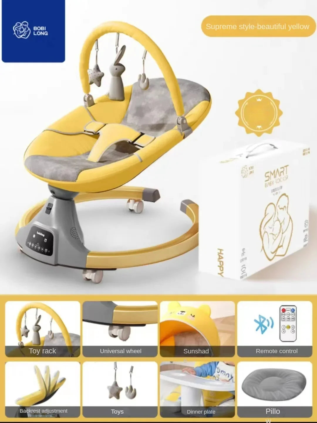 Electric multifunctional yellow baby rocking chair with toy rack, sunshade, and remote control features