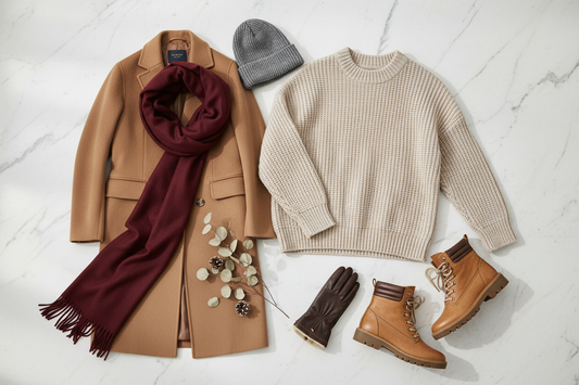 Composition flatlay mode hiver 2025 avec pull beige, écharpe bordeaux, manteau camel et accessoires tendance