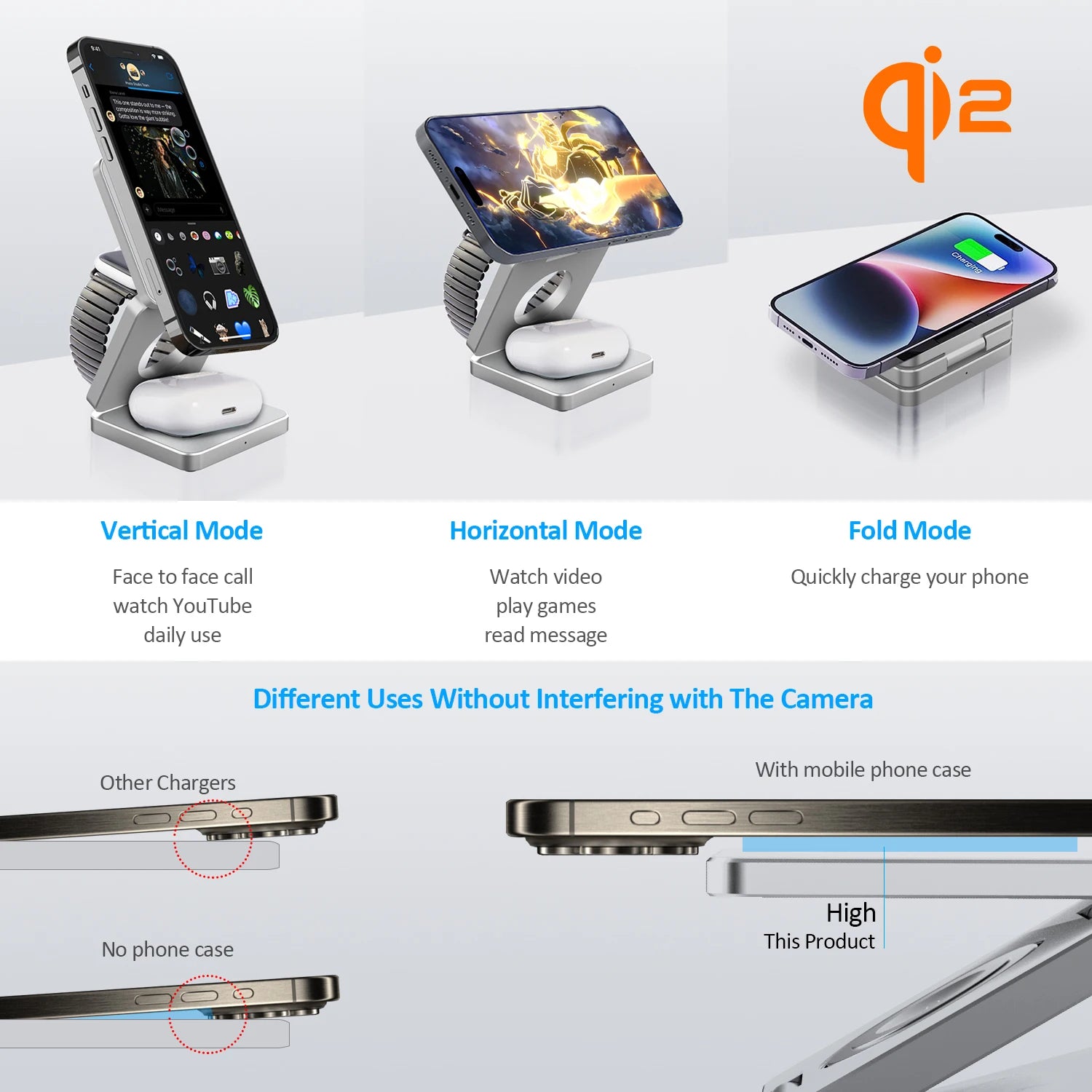 Qi2 magnetic 3-in-1 wireless charger showing vertical, horizontal, and fold modes with phone and AirPods charging