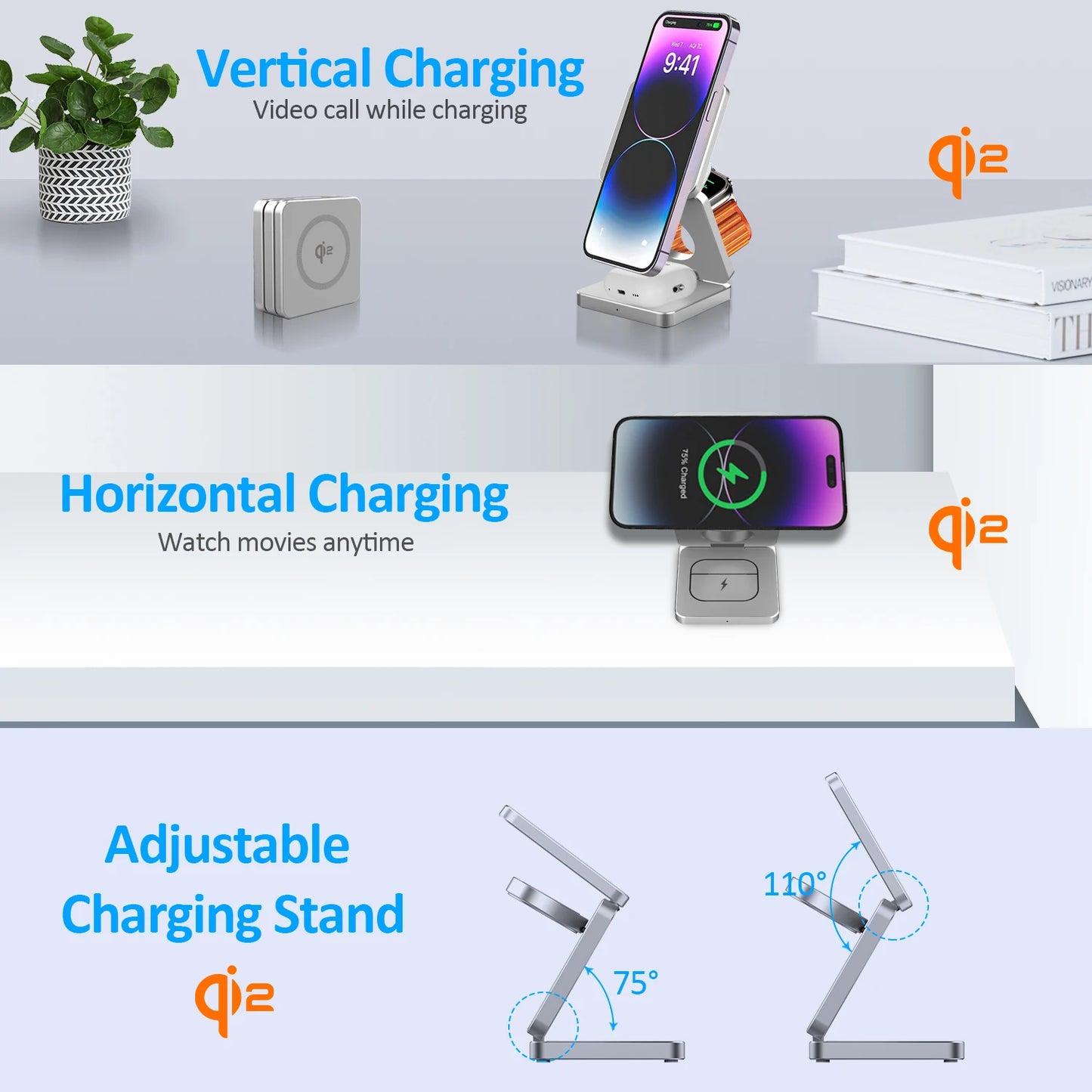 Multifunctional foldable wireless magnetic charger showing vertical and horizontal charging modes with adjustable stand angles