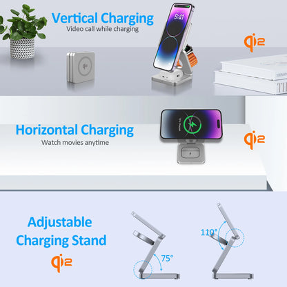Multifunctional foldable wireless magnetic charger showing vertical and horizontal charging modes with adjustable stand angles