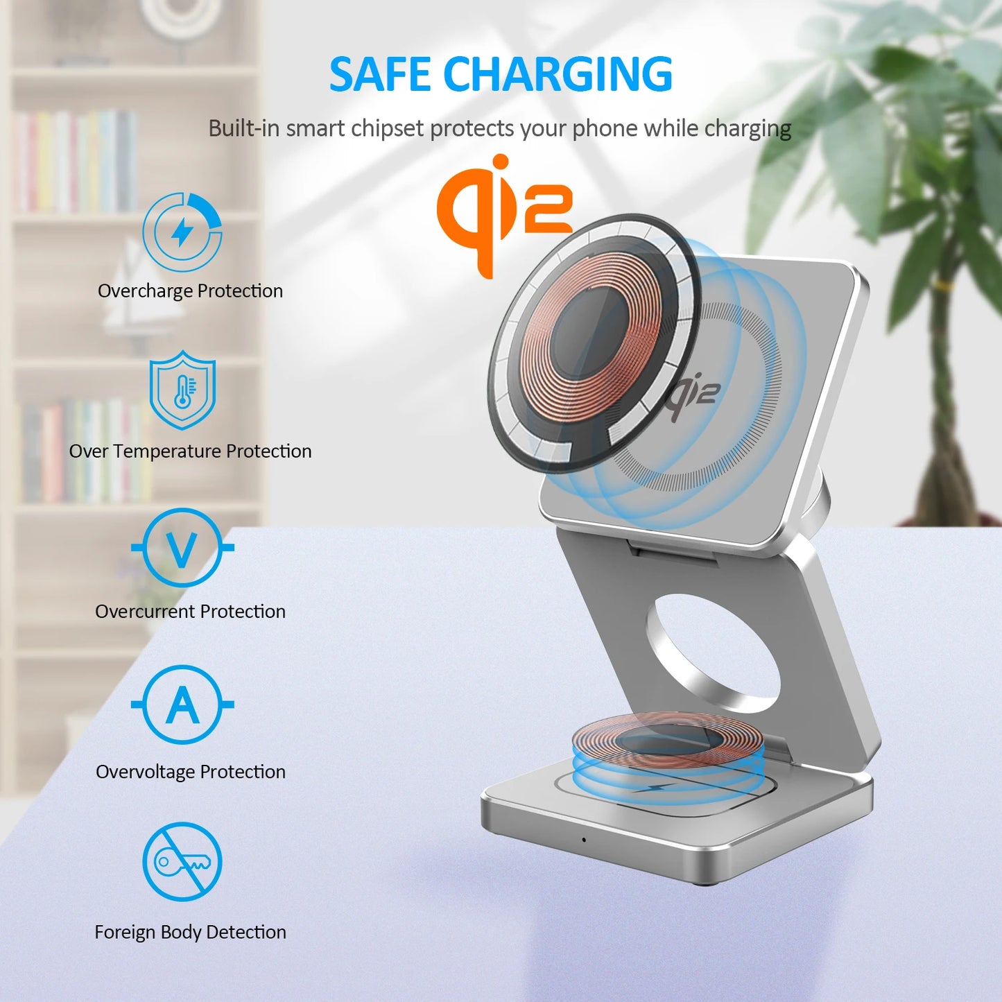 Foldable silver Qi2 magnetic wireless charger with blue protection icons and safe charging features in a home setting
