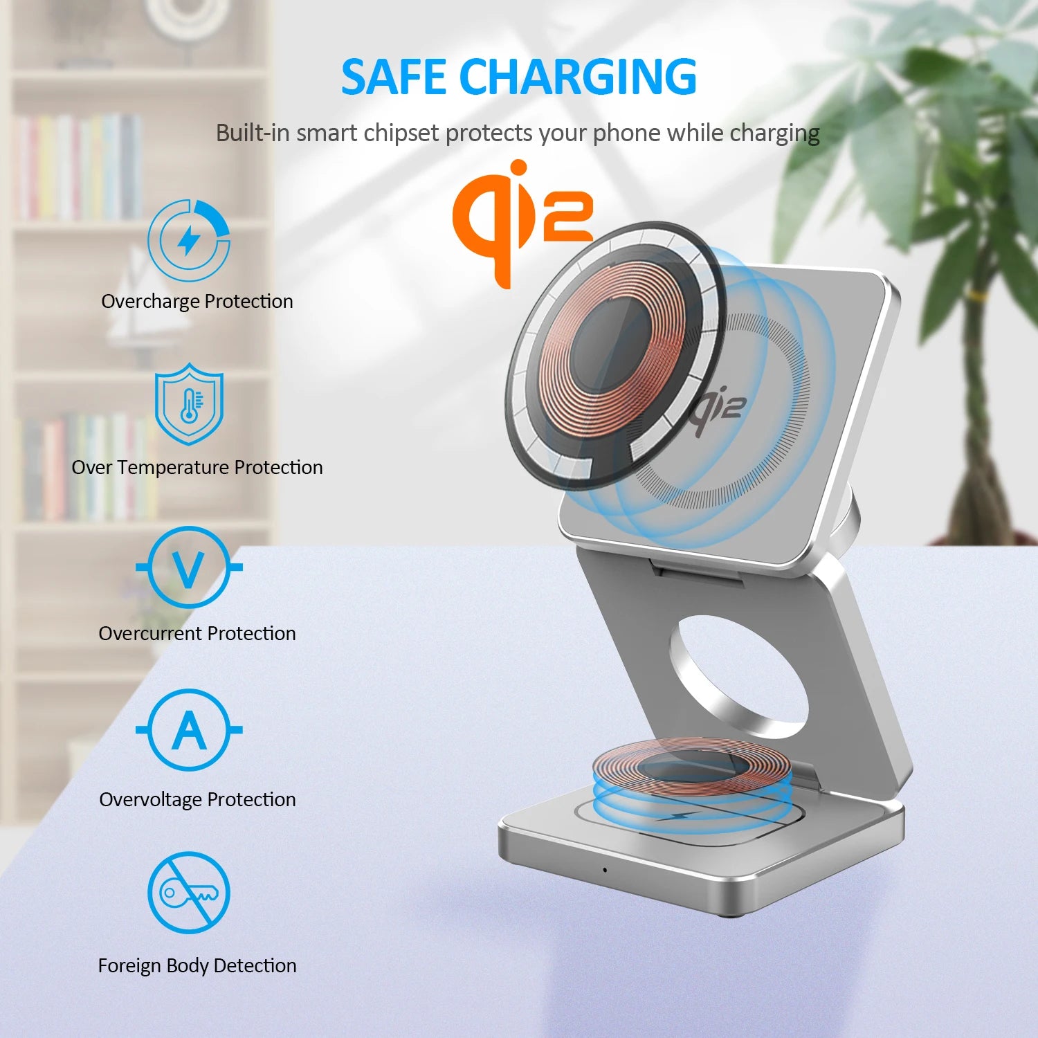 Foldable silver Qi2 magnetic wireless charger with blue protection icons and safe charging features in a home setting