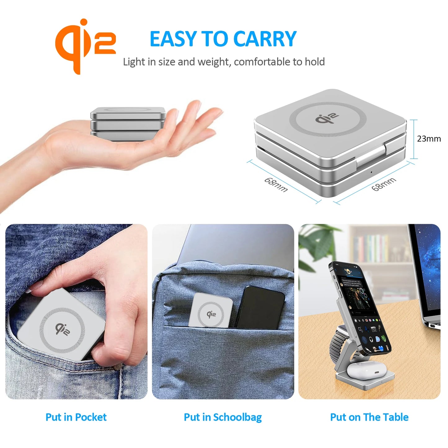 Compact silver Qi2 wireless charger shown folded and held in hand with usage examples in pocket, schoolbag, and on table stand