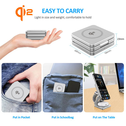 Compact silver Qi2 wireless charger shown folded and held in hand with usage examples in pocket, schoolbag, and on table stand