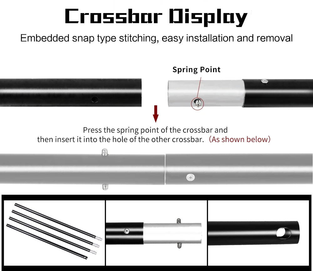 Close-up of black and silver adjustable crossbar with spring point for easy assembly in photo backdrop support system