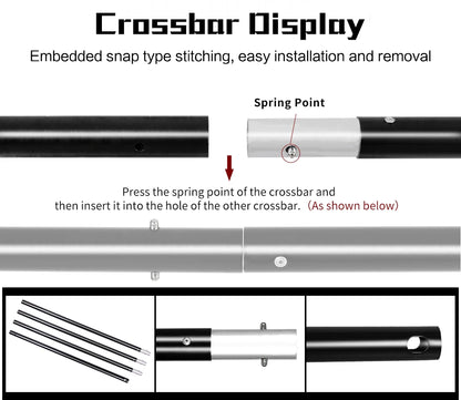 Close-up of black and silver adjustable crossbar with spring point for easy assembly in photo backdrop support system