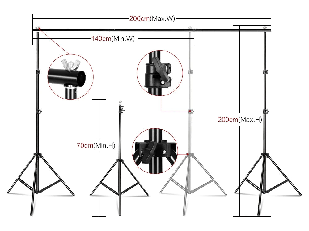 Adjustable black aluminum backdrop support stand with telescopic tripods and detailed close-ups of locking mechanisms