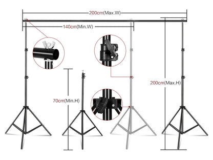 Adjustable black aluminum backdrop support stand with telescopic tripods and detailed close-ups of locking mechanisms