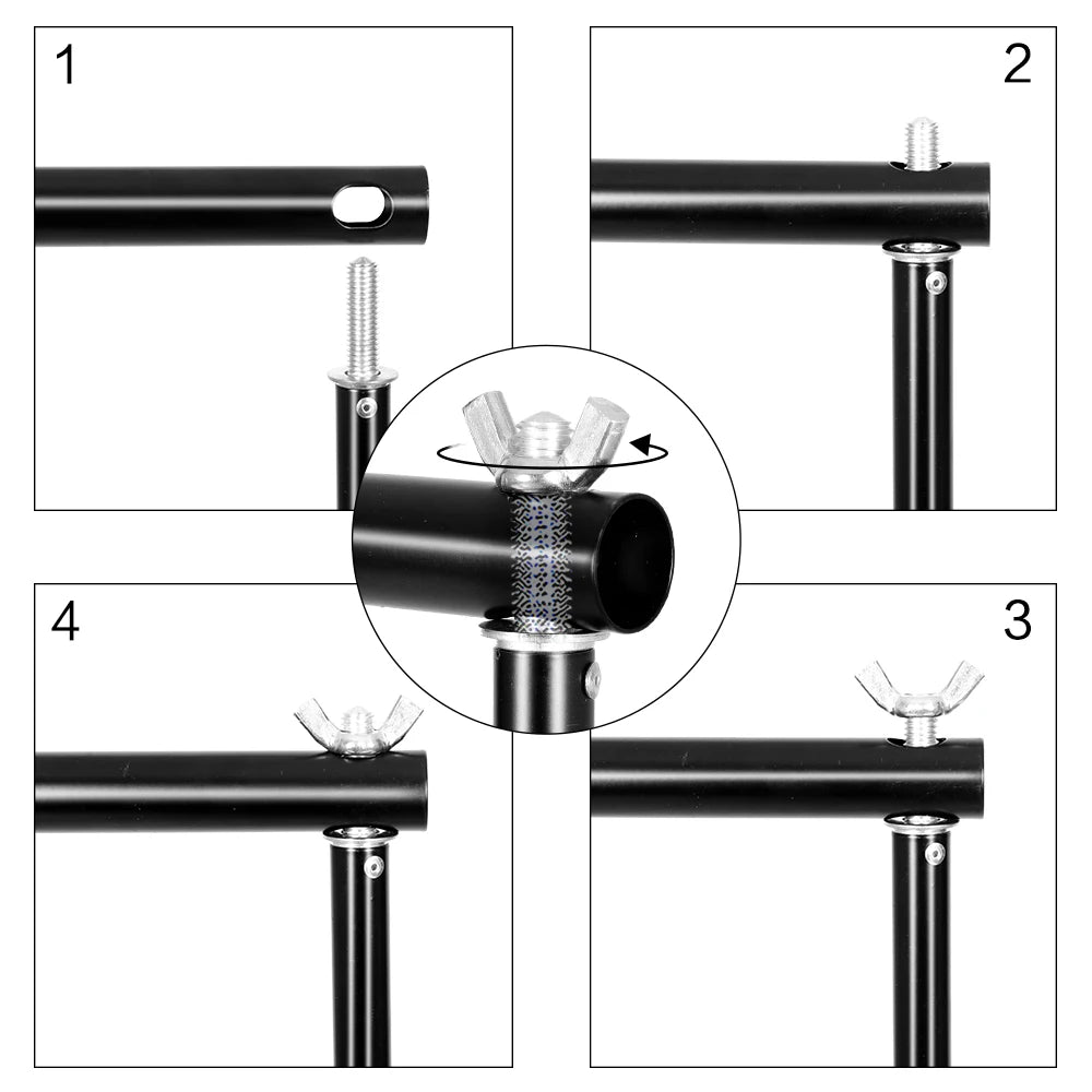 Step-by-step visual guide showing assembly of black adjustable crossbar with screw and wing nut for photo backdrop stand