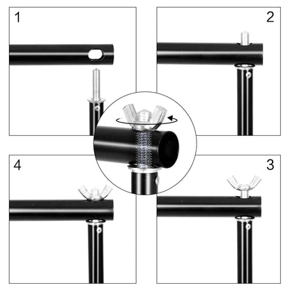 Step-by-step visual guide showing assembly of black adjustable crossbar with screw and wing nut for photo backdrop stand