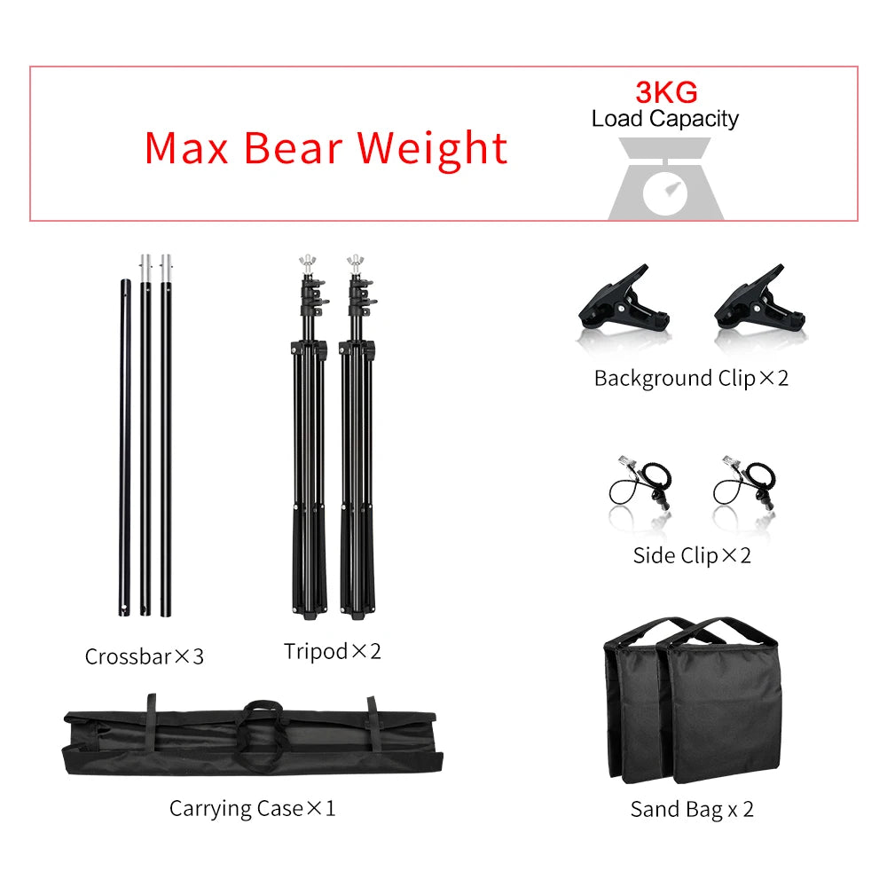 Photography backdrop kit with adjustable crossbars, tripods, clips, sandbags, and carrying case in black color