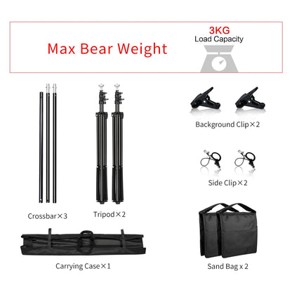 Photography backdrop kit with adjustable crossbars, tripods, clips, sandbags, and carrying case in black color