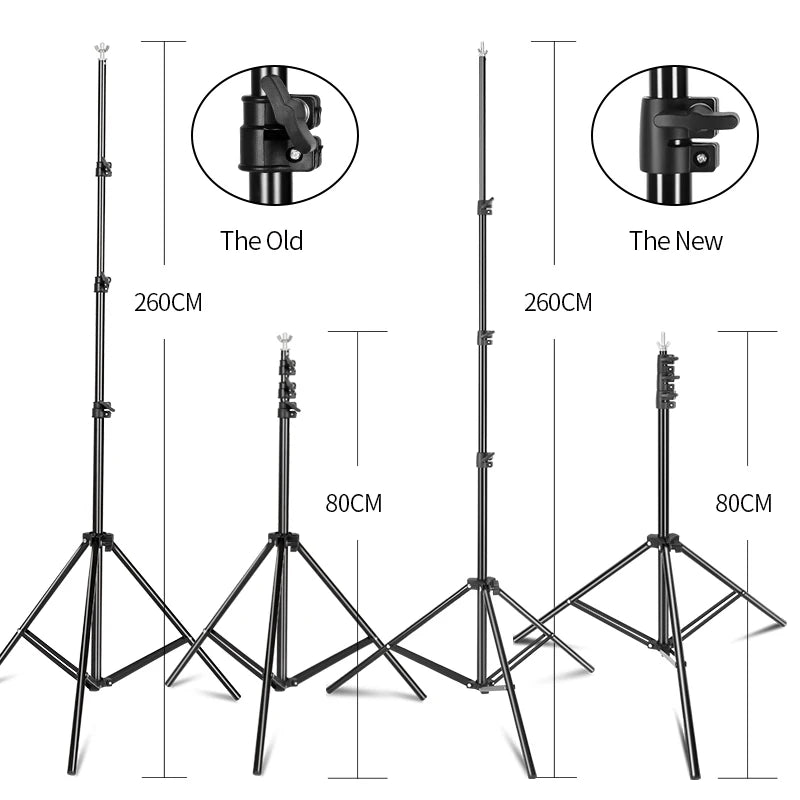 Adjustable black aluminum photo backdrop stand with tripod base and close-up views of old and new locking mechanisms