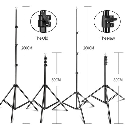 Adjustable black aluminum photo backdrop stand with tripod base and close-up views of old and new locking mechanisms