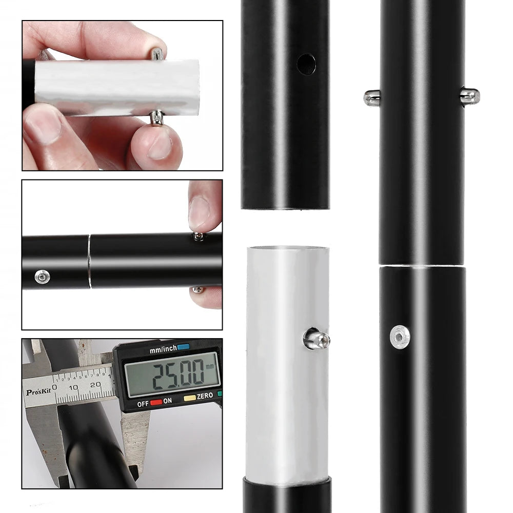 Close-up of black and silver adjustable aluminum crossbar parts with locking pins for photo support system kit