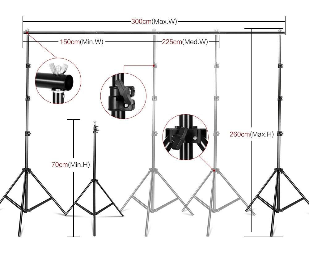 Adjustable black aluminum photography backdrop stand with tripod support and close-up details on locking mechanisms