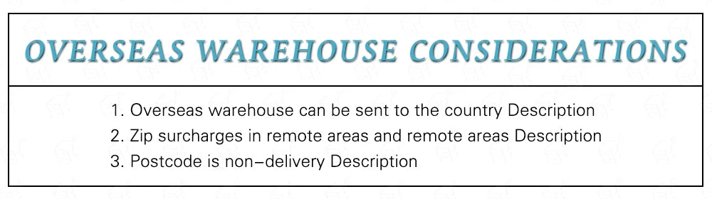 Text box titled OVERSEAS WAREHOUSE CONSIDERATIONS listing three points about shipping and delivery restrictions in black and blue text on white background