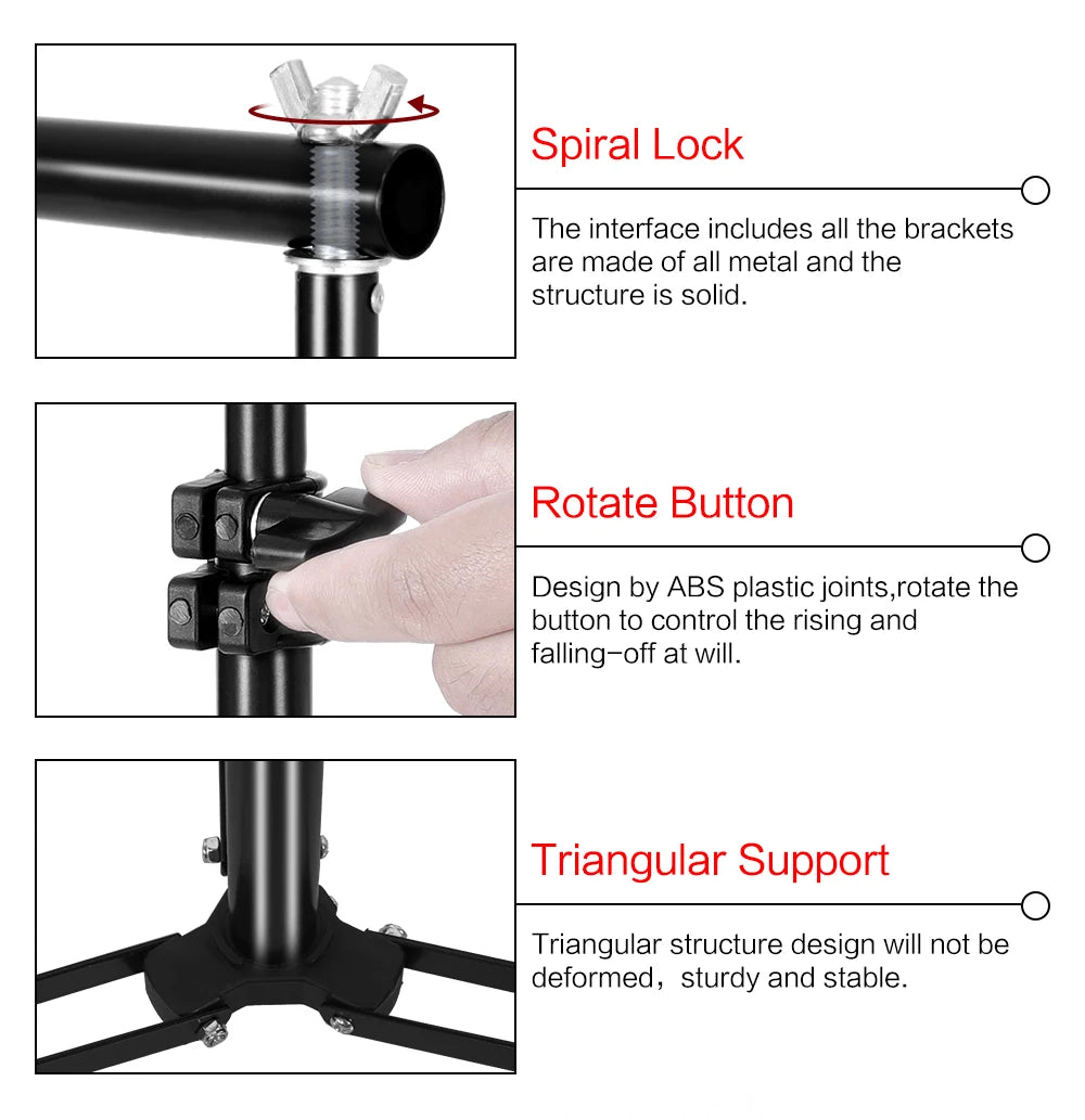 Close-up of black metal spiral lock, ABS rotate button, and triangular support base of adjustable photo backdrop stand