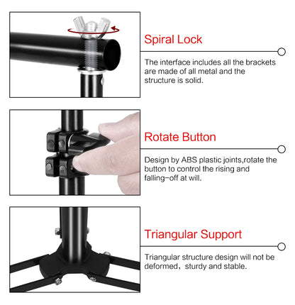 Close-up of black metal spiral lock, ABS rotate button, and triangular support base of adjustable photo backdrop stand