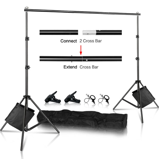 Black adjustable aluminum backdrop support system with two tripod stands, clamps, and a carrying case on white background