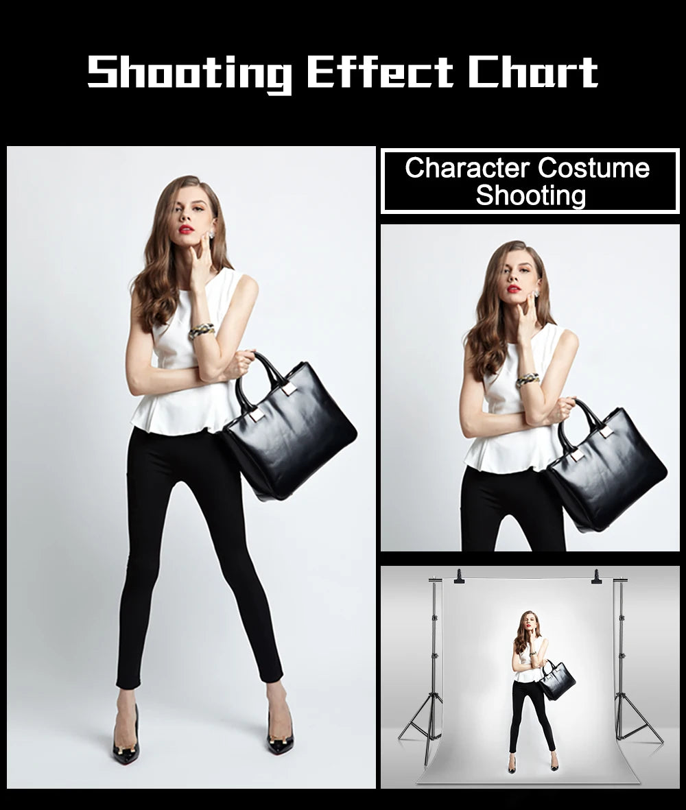 Woman in white sleeveless top and black pants holding a black handbag against a white photography backdrop