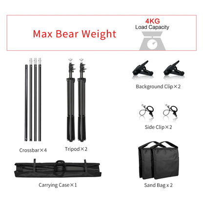 Black aluminum adjustable crossbars and tripods with clips, sandbags, and carrying case for photo backdrop support kit