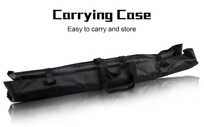 Black carrying case bag for portable photography backdrop support with handles on a white reflective surface