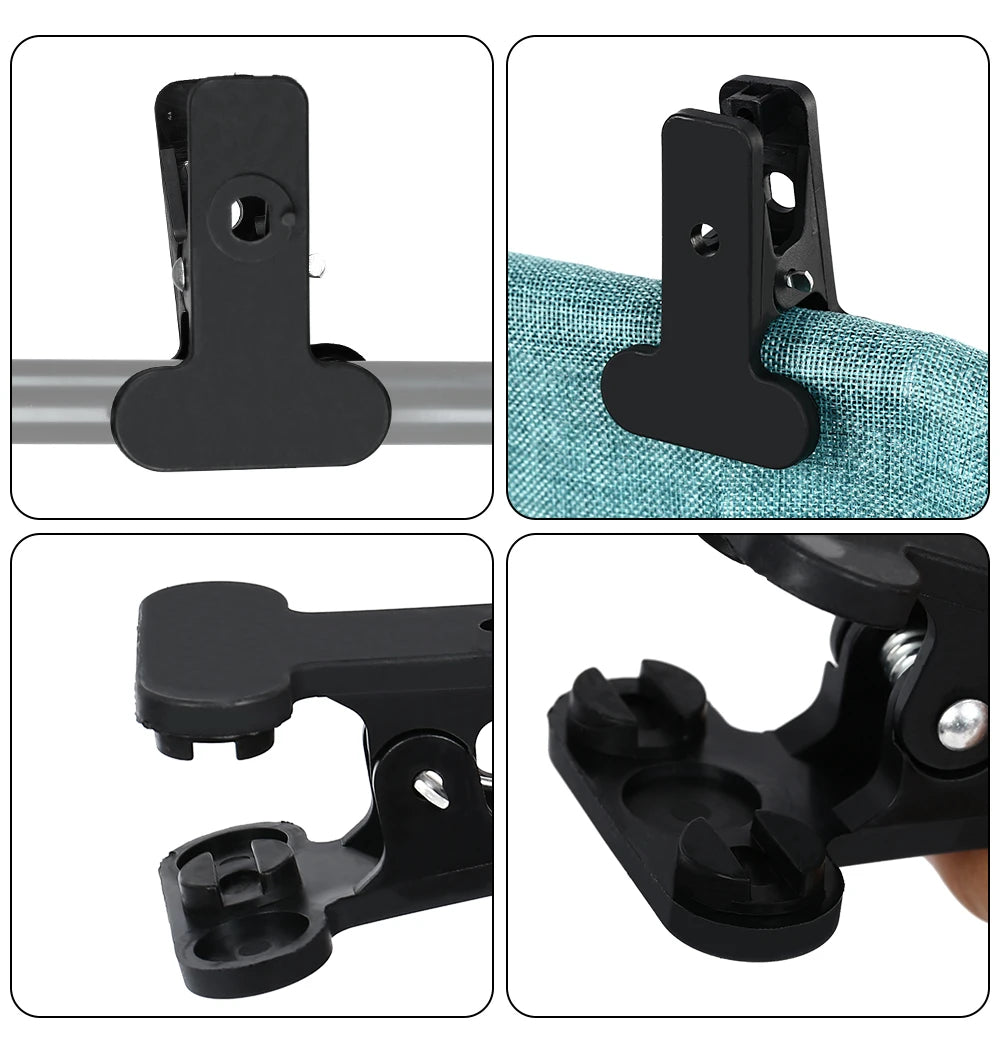 Close-up views of black plastic clips used for securing backdrop fabric to a support frame system
