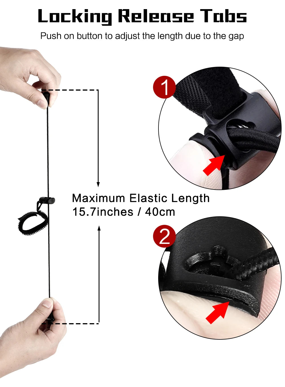 Hands demonstrating adjustable locking release tabs on elastic cord for backdrop support with 15.7 inches maximum length shown