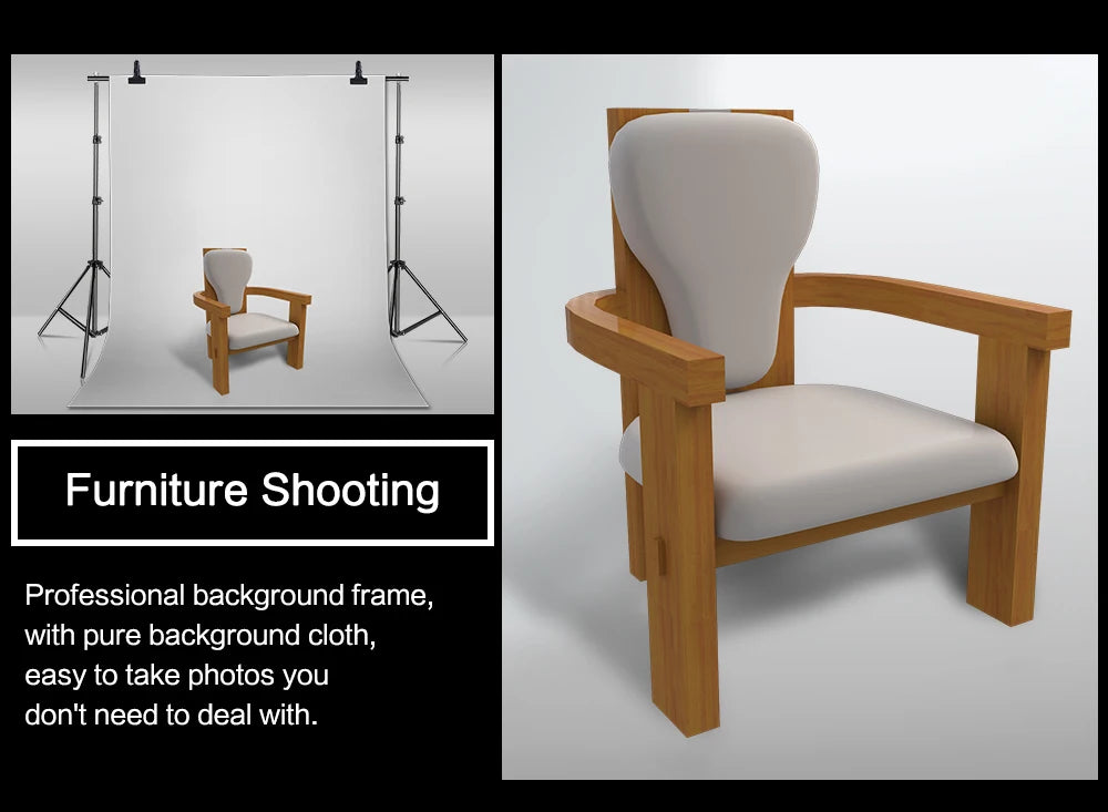 Adjustable black aluminum backdrop support frame with white muslin cloth and wooden armchair in photo studio setup
