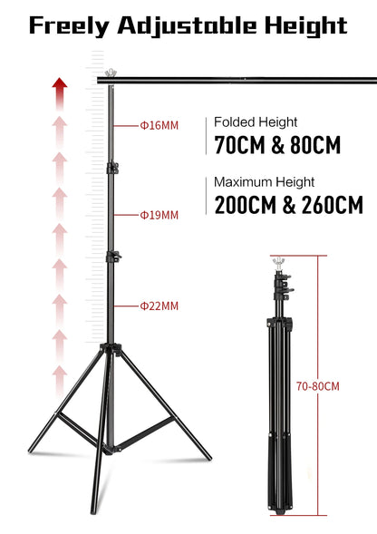 Black adjustable aluminum tripod stand for photography backdrop with telescopic height from 70cm to 260cm folded and extended views
