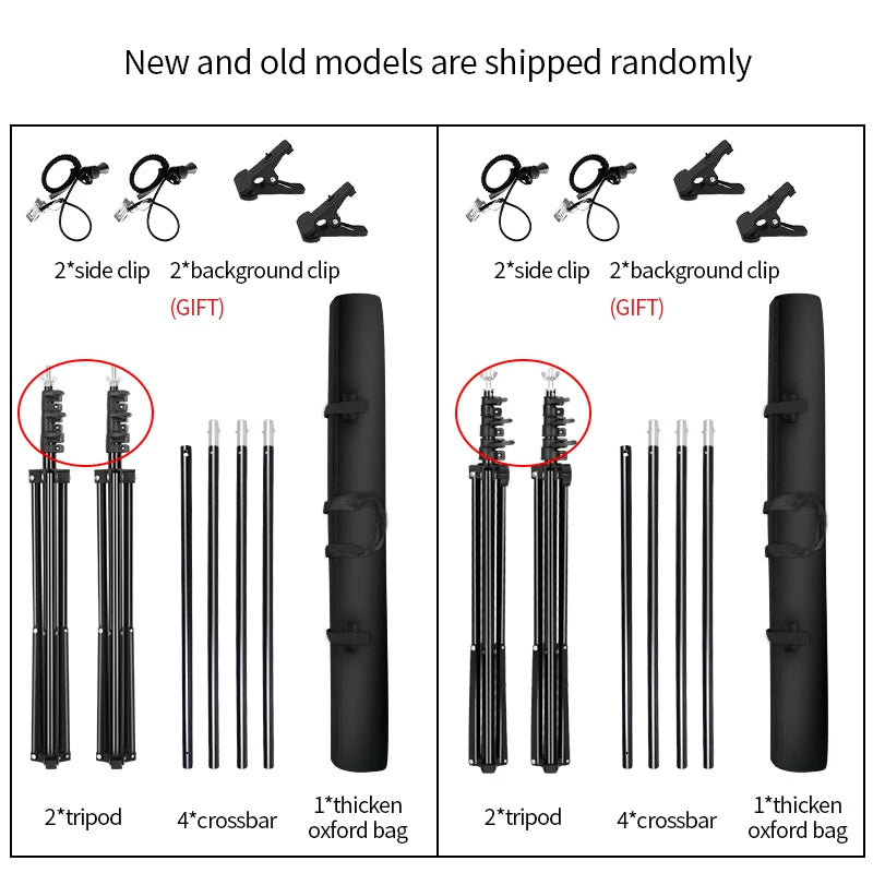 Photography backdrop support kit with adjustable crossbars, tripods, clips, and carrying case on white background