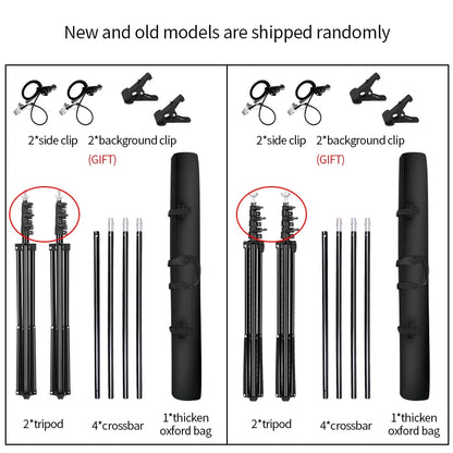 Photography backdrop support kit with adjustable crossbars, tripods, clips, and carrying case on white background