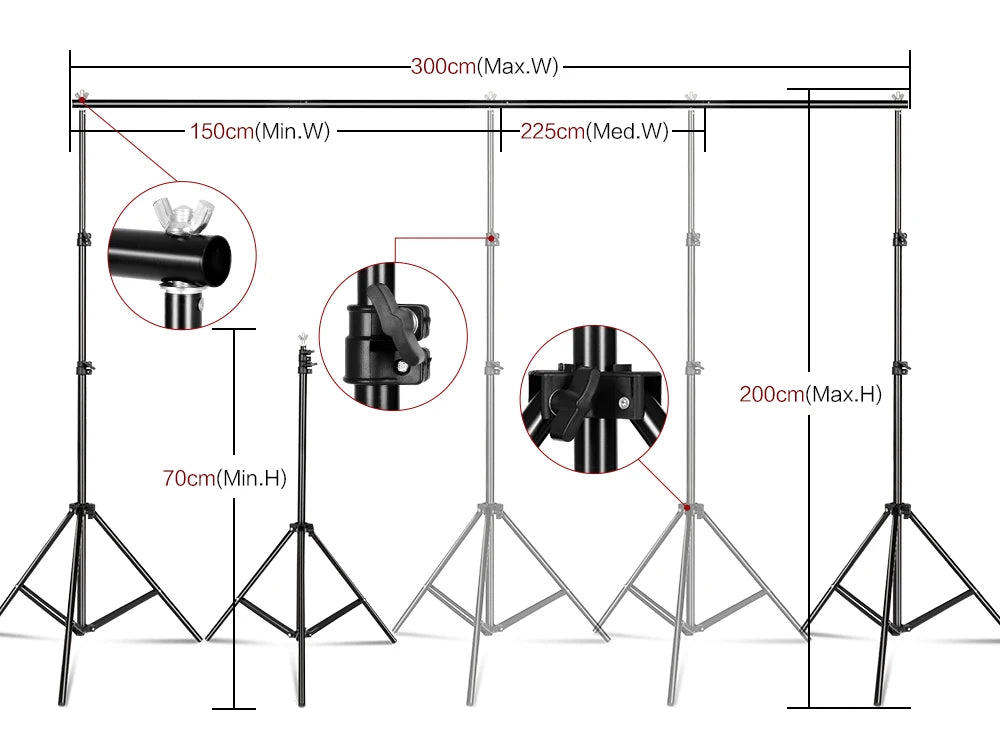 Black adjustable aluminum backdrop support stand with telescopic tripod legs and detailed close-ups of locking mechanisms