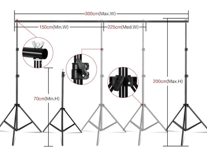 Black adjustable aluminum backdrop support stand with telescopic tripod legs and detailed close-ups of locking mechanisms