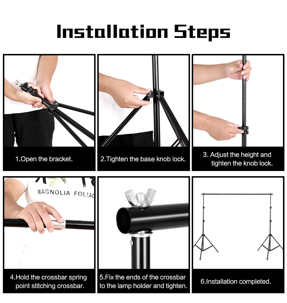Step-by-step assembly process for adjustable black aluminum photo backdrop support stand system