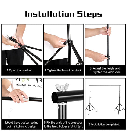 Step-by-step assembly process for adjustable black aluminum photo backdrop support stand system