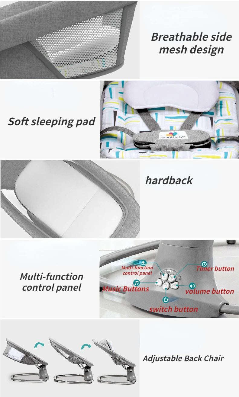 Collage showing electric baby rocker features including mesh side, soft pad, hardback, control panel, and adjustable back chair