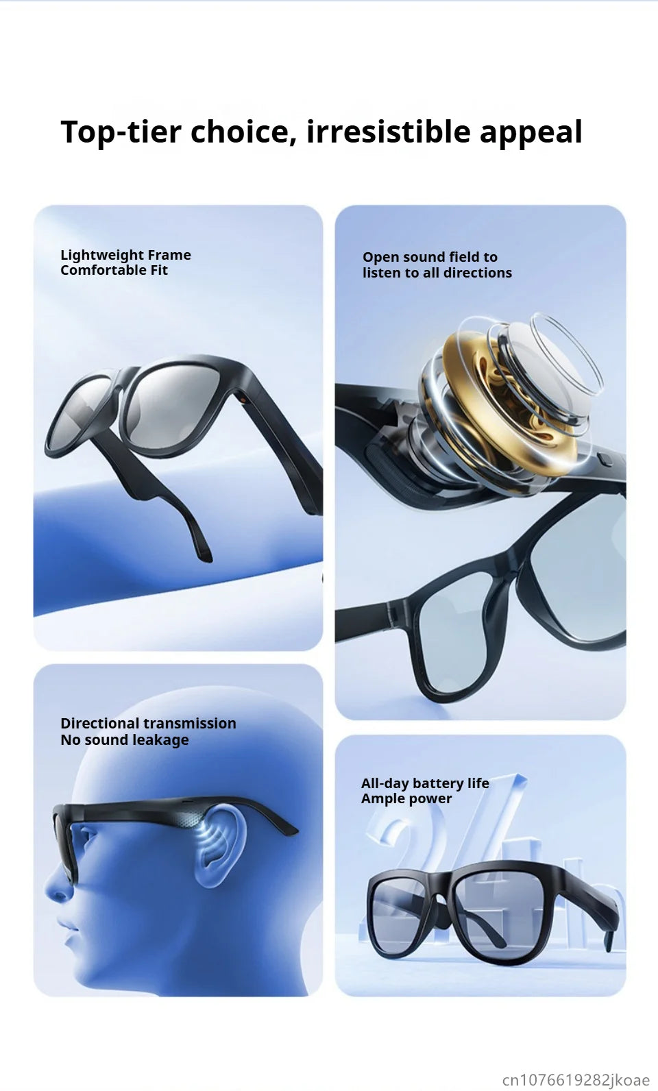 Black smart sunglasses with audio technology showing lightweight frame, sound components, and battery power features