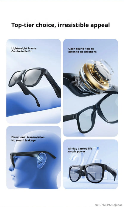 Black smart sunglasses with audio technology showing lightweight frame, sound components, and battery power features