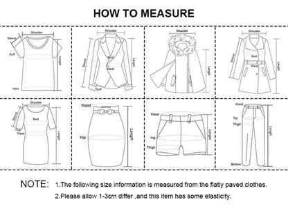 Diagram showing how to measure shoulder, bust, waist, hip, thigh, sleeve, length, and cuff on various clothing items