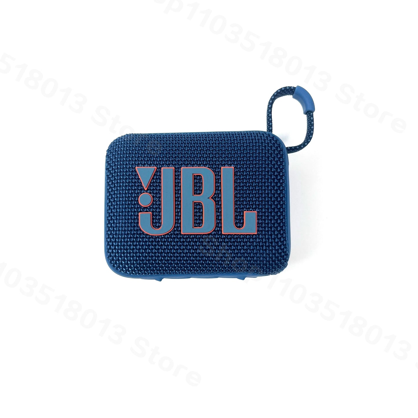 Compact blue JBL GO 4 Bluetooth speaker with textured fabric surface and attached loop handle on white background