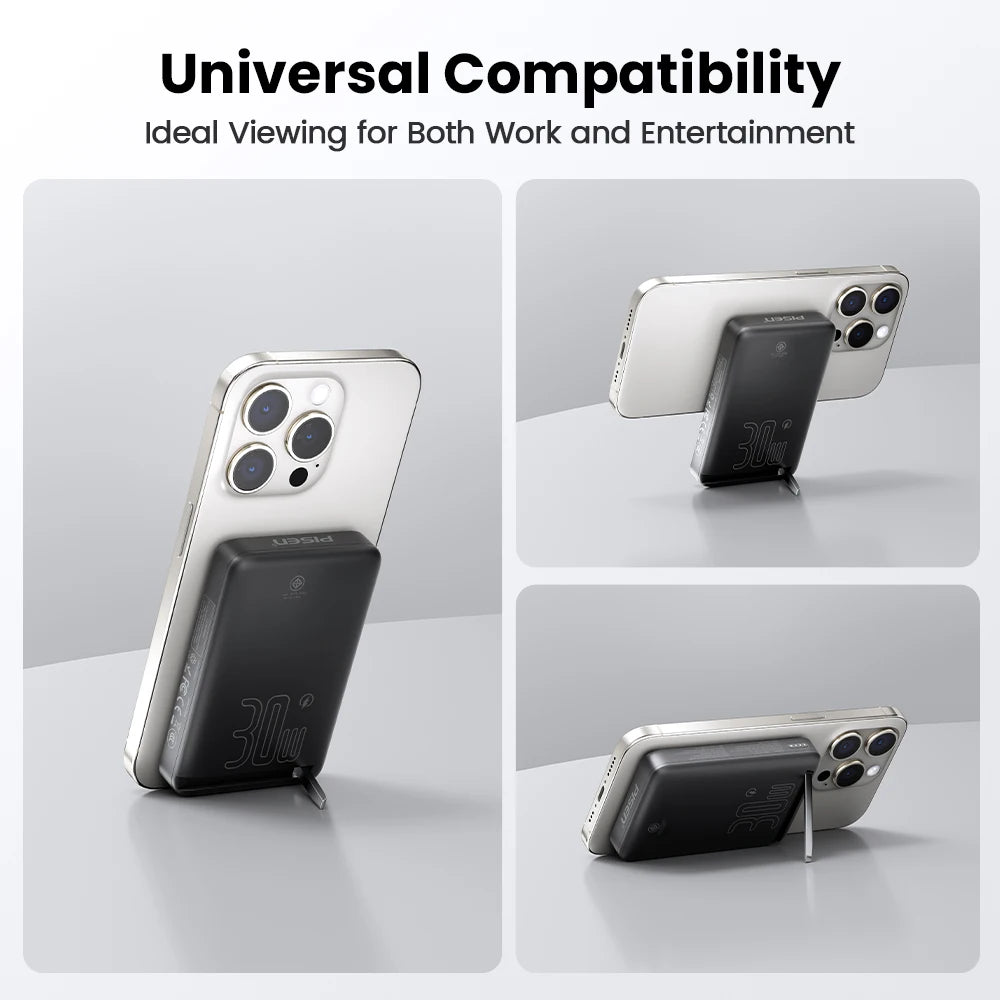 Magnetic black 30W PISEN power bank attached to smartphone held in vertical and horizontal viewing positions on a white surface