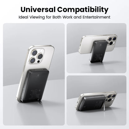 Magnetic black 30W PISEN power bank attached to smartphone held in vertical and horizontal viewing positions on a white surface