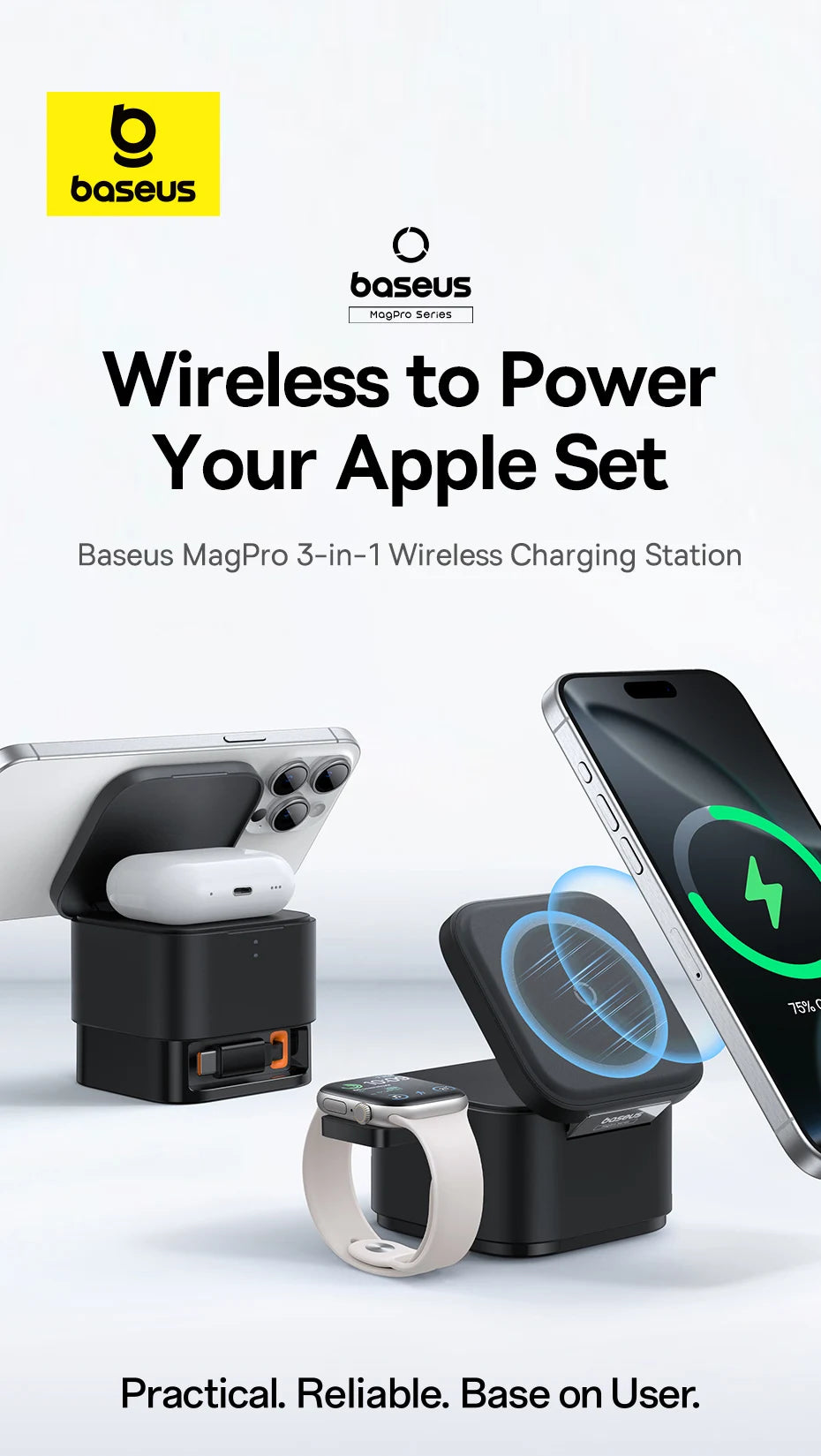 Baseus MagPro 3-in-1 wireless charging station powering iPhone, AirPods, and Apple Watch in cosmic black finish