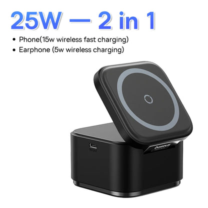 Black Baseus 3-in-1 25W magnetic wireless charger for phone and earphone fast charging station